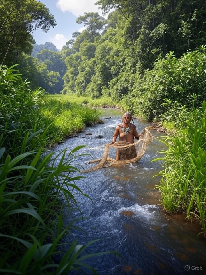 Pescador com uma rede em um rio